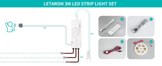 LETARON COB Taśma LED 24V, 480 diod LED/m, Super Jasna, Wysoki Lumen 6000K Biała 3m, Ściemnialna z taśmą 3M, Zasilacz 30W UL, PRZEŁĄCZNIK DOTYKOWY do sypialni, domu, kuchni DIY