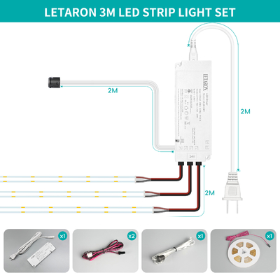 LETARON COB Taśma LED 24V, 480 diod LED/m, Super Jasna, Wysoki Lumen 6000K Biała 3m, Ściemnialna z taśmą 3M, Zasilacz 30W UL, PRZEŁĄCZNIK DOTYKOWY do sypialni, domu, kuchni DIY